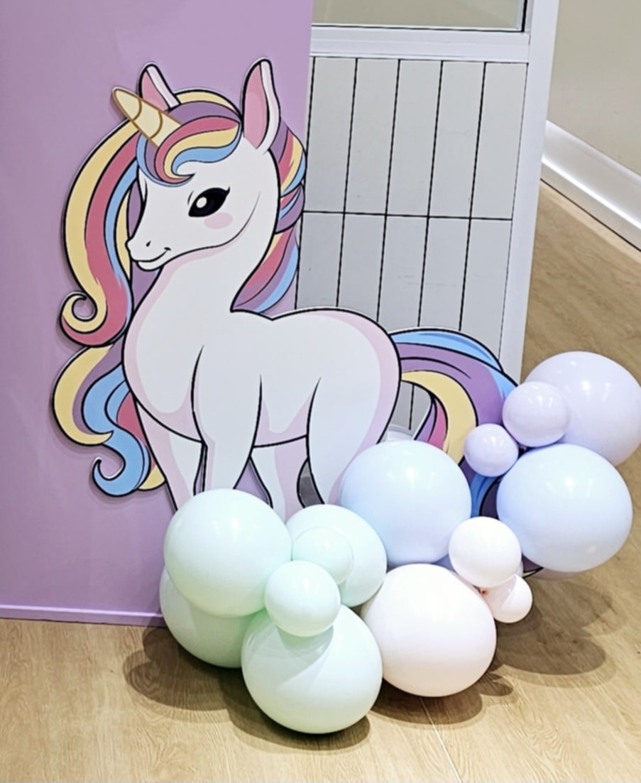 Unicorn cutout surrounded by Pastel balloons perfect for a Unicorn or fairy themed party