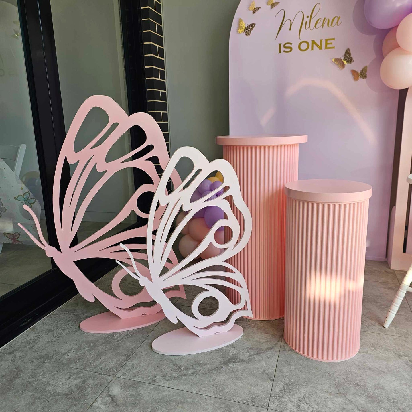 Butterfly props available in small or large for Baby shower, Baby Sprinkle or Fairy first birthday party decorations. Ripple plinths also available