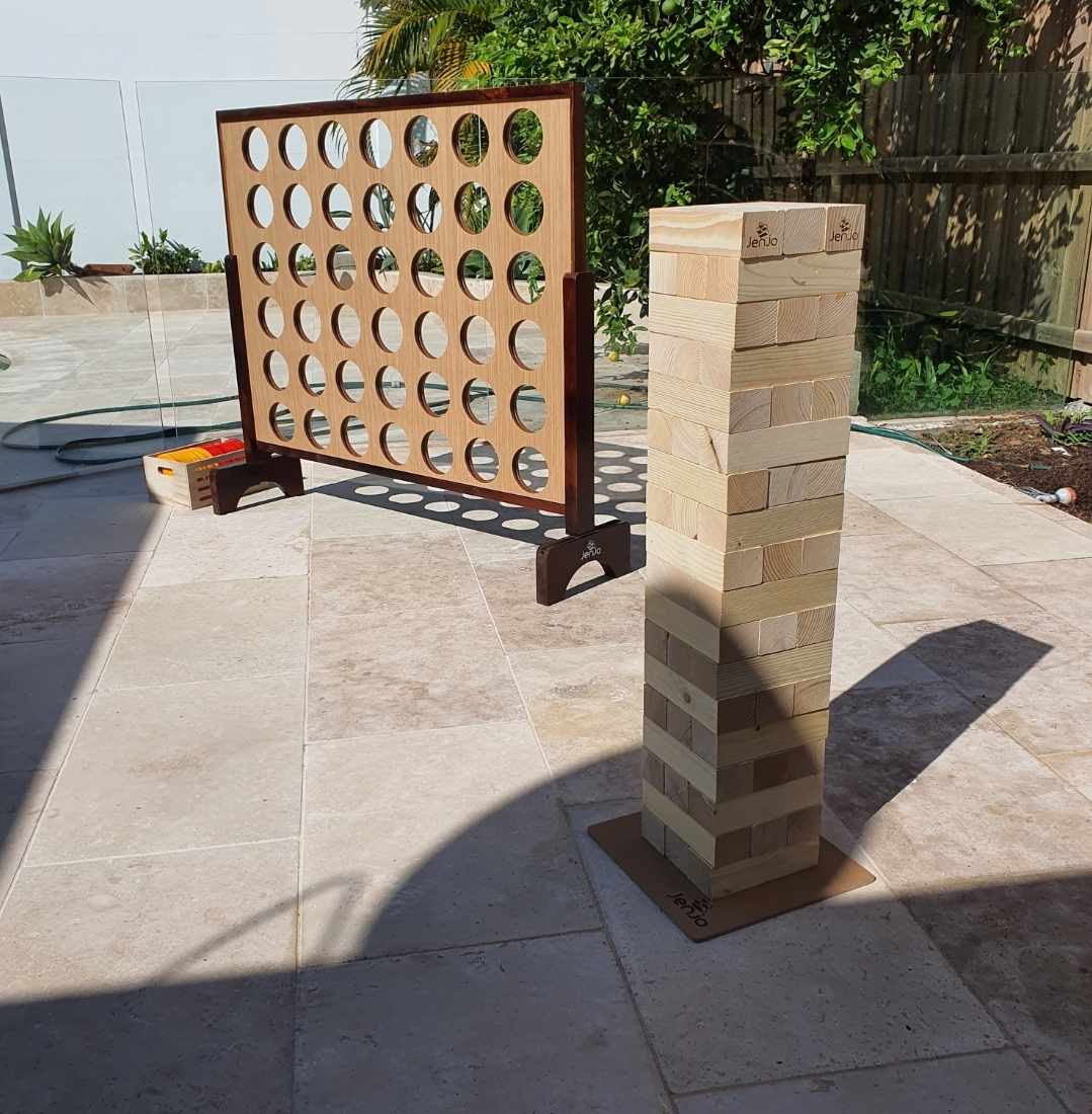 Mega Connect four and Jumbo Jenga Large Lawn game hire for picnics, engagement parties, birthday party entertainment, corporate functions and more