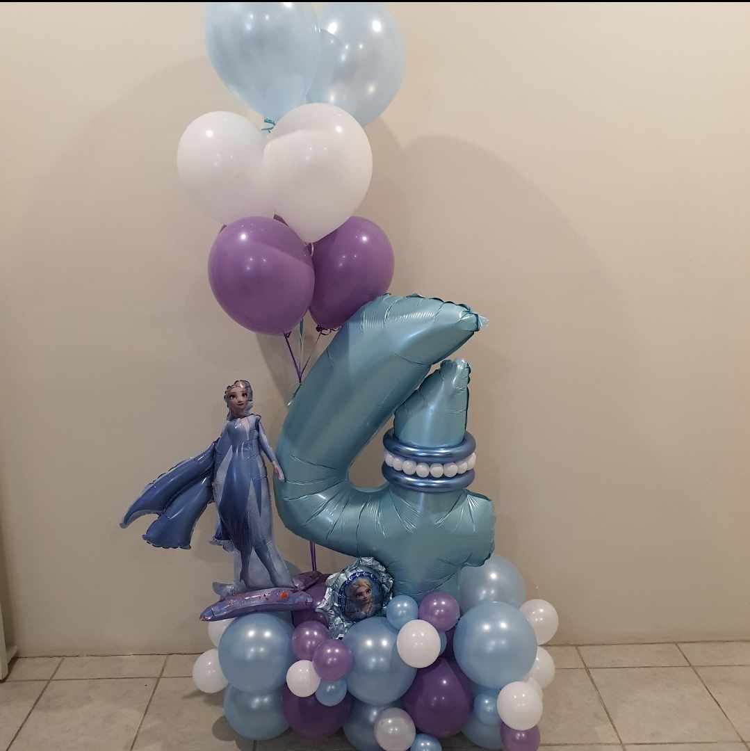 Frozen balloon marquee with helium filled balloons and Jumbo Foil Number balloon and Elsa foil balloons added. Designs may vary