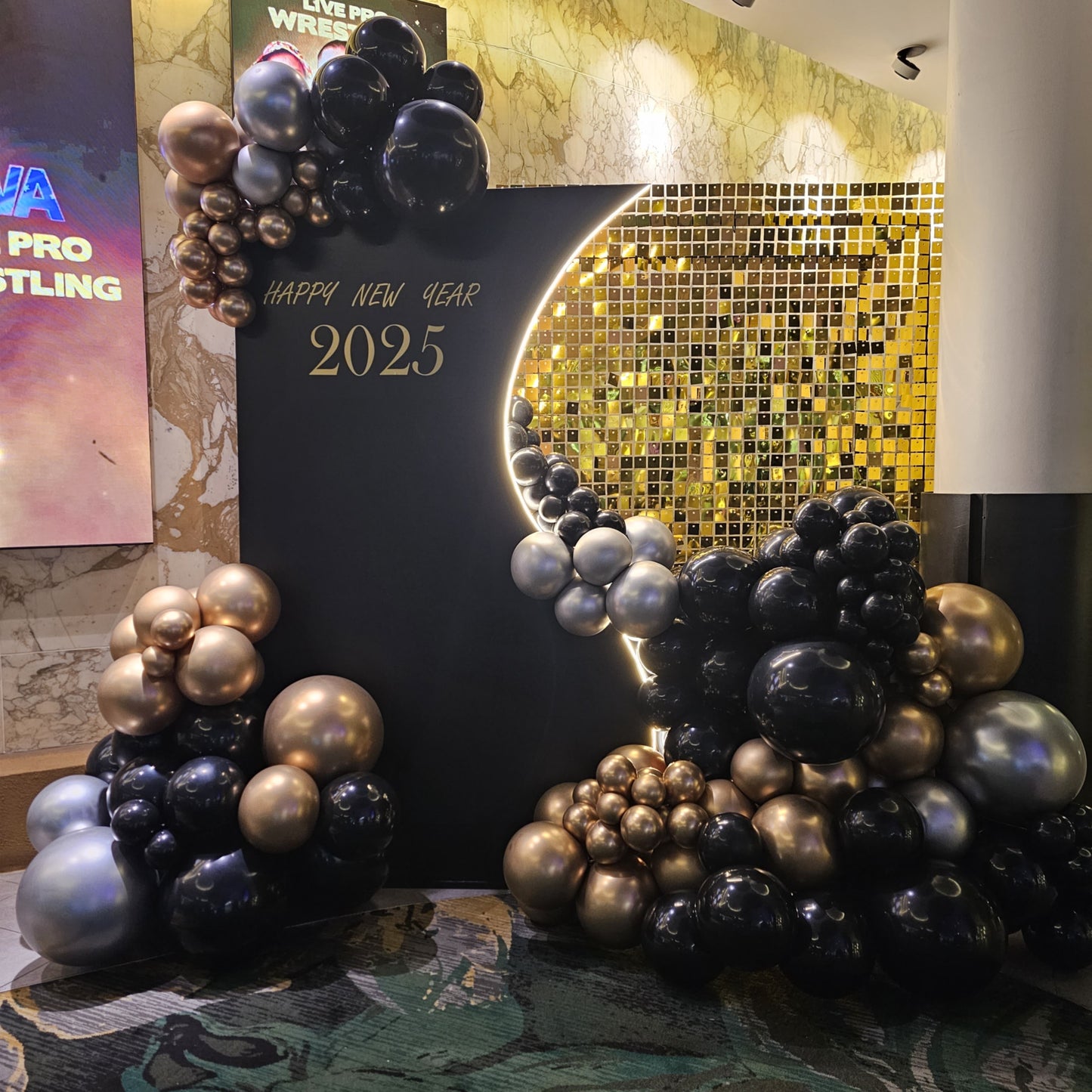 New Year Decorations for the club with this Gold Shimmer wall and Black LED Wave Wall