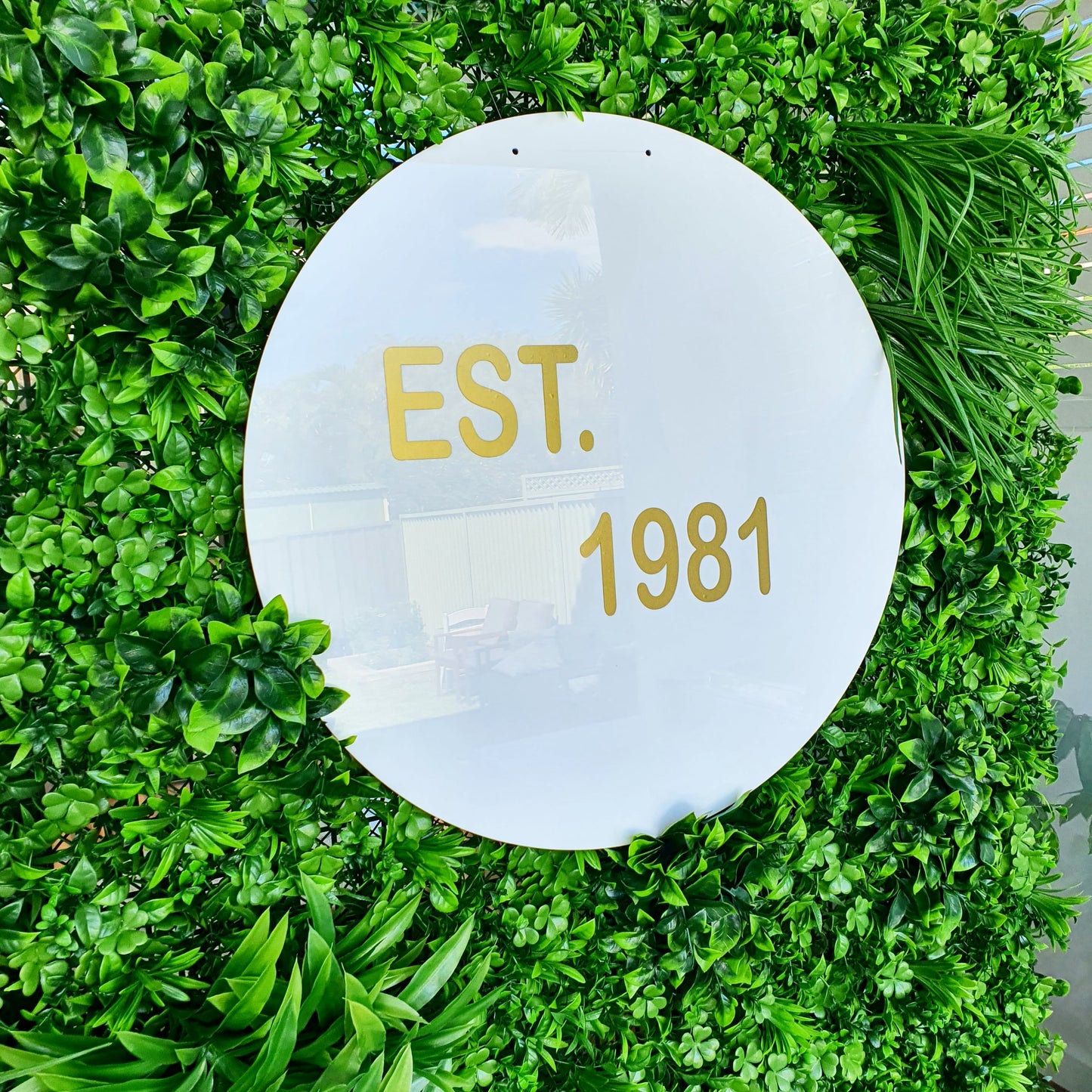 White round circle sign for events to hire in Sydney. Personalisation included