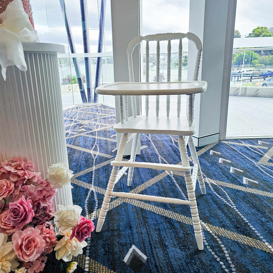 White Classic Vintage High chair available to hire for Christening, 1st birthday.