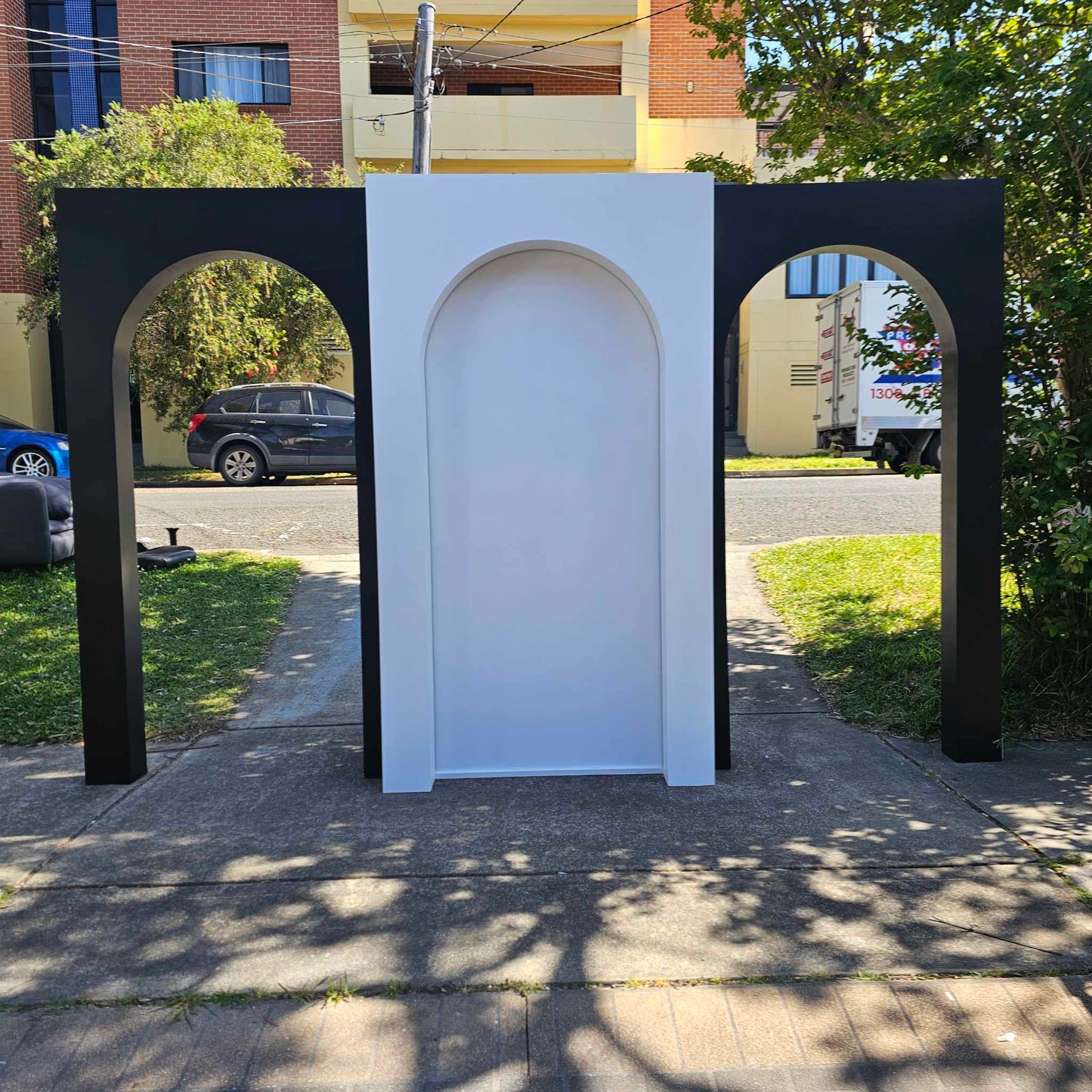 Open and Closed Square Arch backdrops pictured together as a set of 3 in Black and white for Birthdays, Christenings, Bridal Showers or Engagement party decorations.