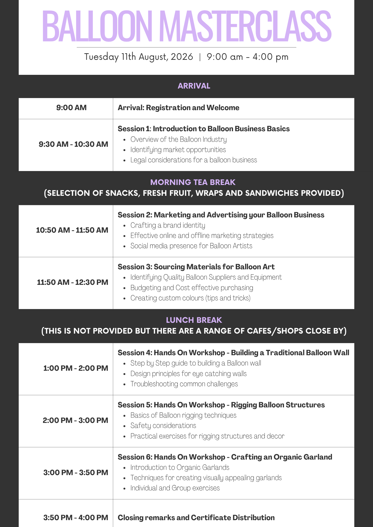 A digital schedule or agenda titled 'BALLOON MASTERCLASS' with event details, date, time, arrival information, morning tea break, lunch break, and afternoon session times and topics.