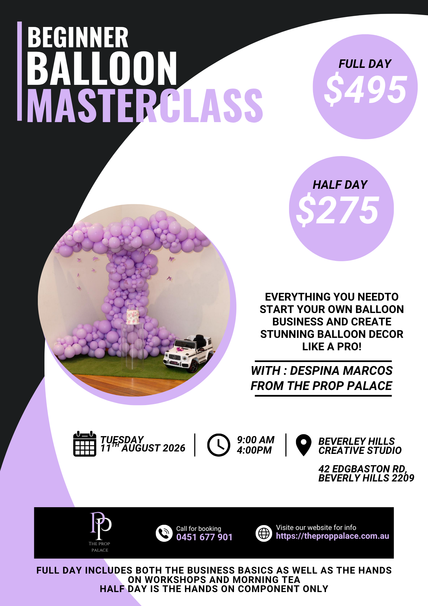 Advertisement for a Beginner Balloon Masterclass with pricing and details.