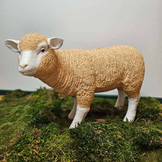 Model of a sheep standing on a grassy surface with a plain background