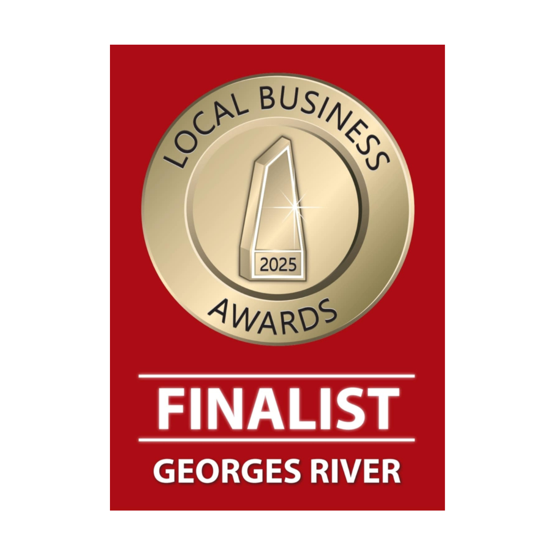 An award on a red background showcasing the status of Finalist in the Georges River Local Small Business Awards
