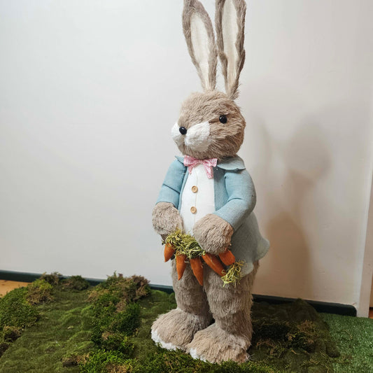Stuffed bunny prop holding carrots, in a blue coat, on a grassy surface with a white background